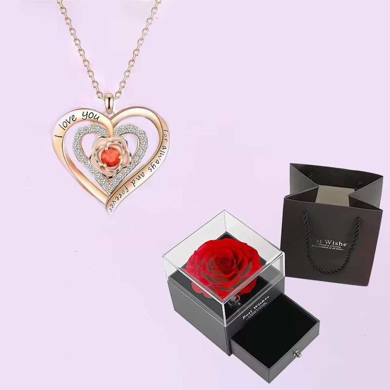 Luxury Red Zircon Pendant Necklaces with Rose Flower Gift Box for Girlfriend Women I Love You Gifts 2024 Trendy Wedding Jewelry